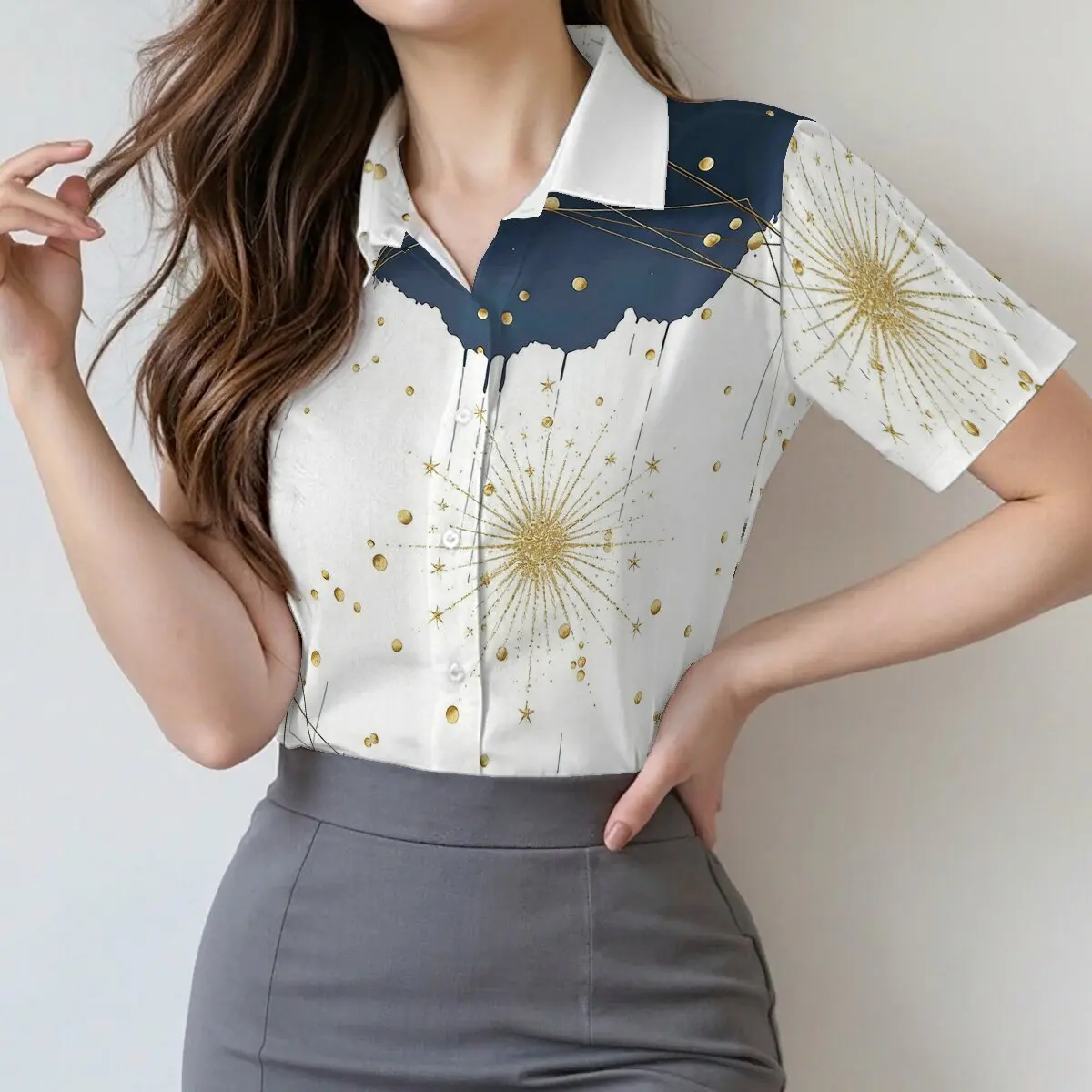 

Женская летняя рубашка с коротким рукавом и принтом, дизайн с изображением звездного неба и фейерверков, в стиле ретро, легкая роскошь, изысканная и высококачественная, подходит для любого случая.
