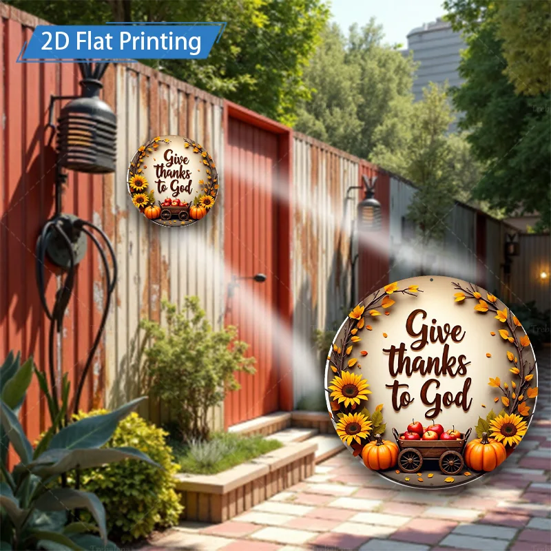 ป้ายโลหะแบบแบน 2 มิติ 1 ชิ้น ขนาด 8x8 นิ้ว ลายพิมพ์แบบแบน 2 มิติ ตกแต่งผนังธีมฤดูใบไม้ร่วง "ให้ขอบคุณพระเจ้า" พร้อมลายฟักทองและดอกทานตะวัน สำหรับตกแต่งบ้าน