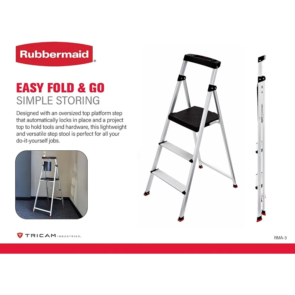 Rubbermaid-RMA-3 3-Step Lightweight Alumínio Step Stool com Project Top, 225-lb Capacidade Prata