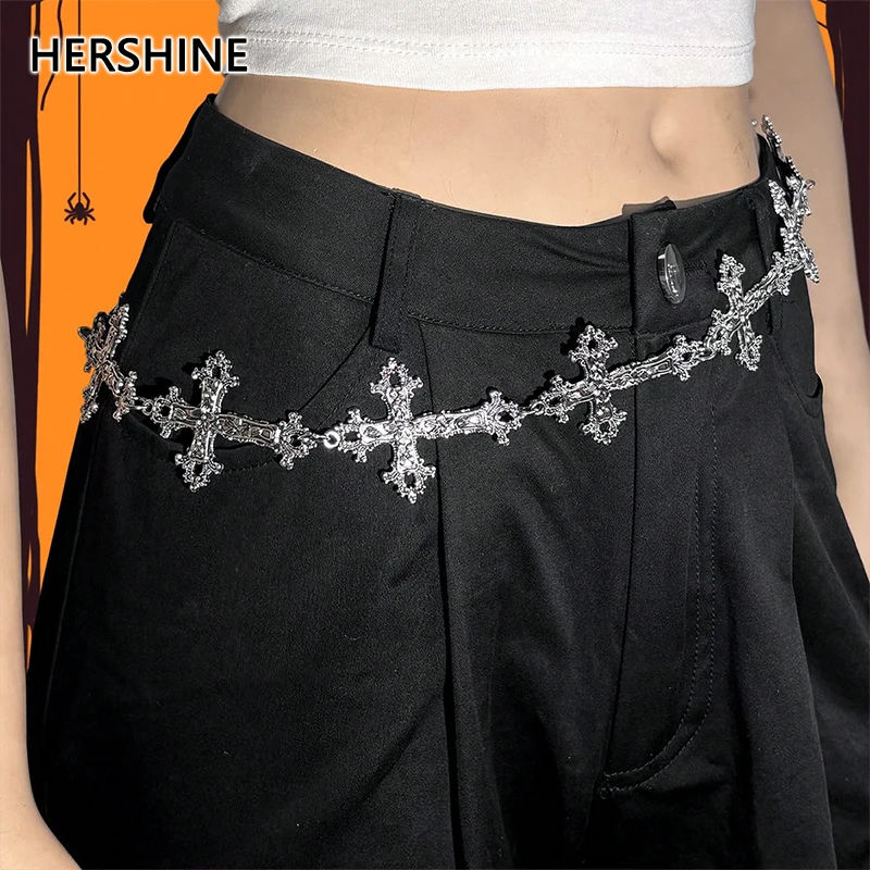 HERSHINE 1-piece women's fashion silver cross metal waist chain, Y2K gothic punk rock hip hop cosplay accessory，spring，summer