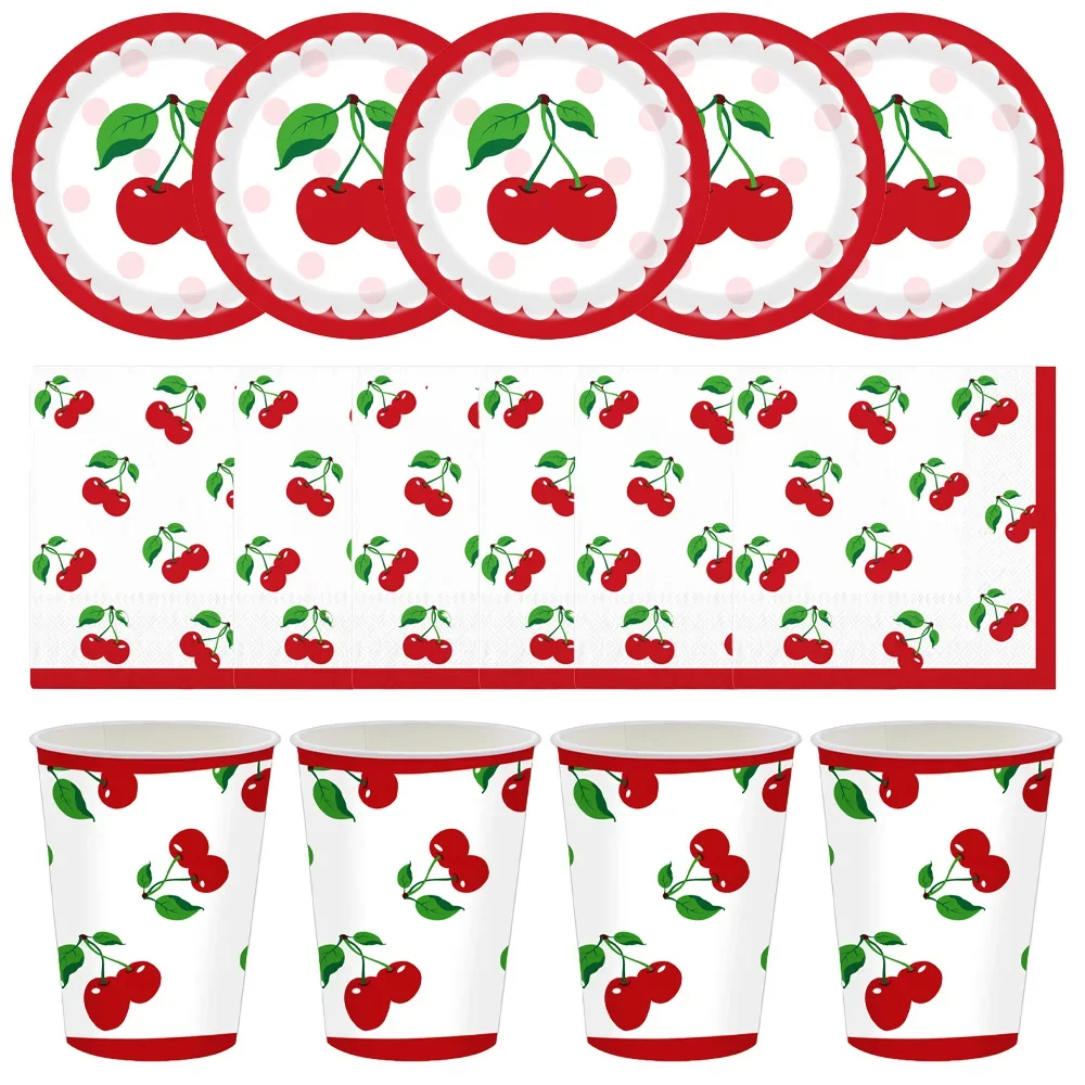 

Red Cherry Theme Birthday Decorations Disposable Tableware Set Paper Plates Cups Napkins Tablecloth Dolce Vita Table Decoration