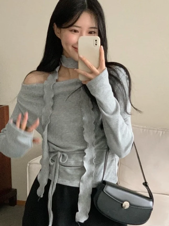 Cseta E de Primavera Antienvejecimiento de Un Solo Hombro y Manga Larga, Estilo Informal para Mujer, con Cordón Aju...