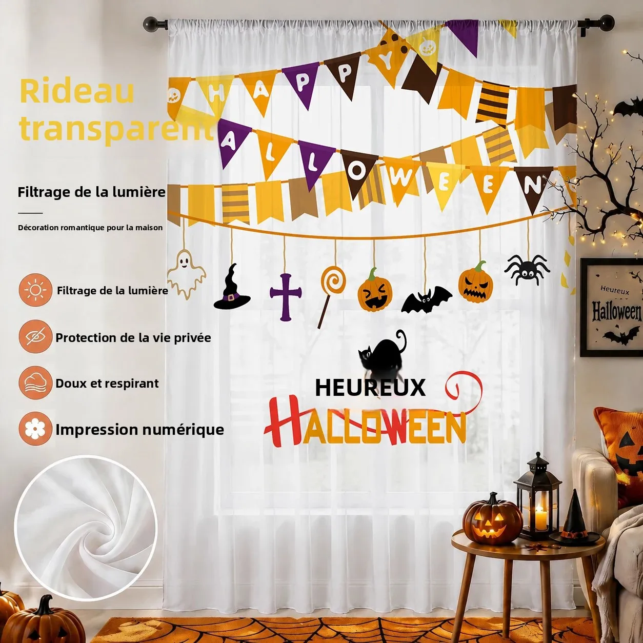 Voilage occultant pour Halloween, rideau de qualité supérieure pour salon/chambre/enfants, cadeau de festival d'Halloween
