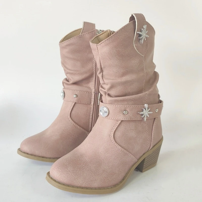 

Luxury Rhinestones Western Knee High Boots for Girls Premium Quality Zipper Up Cowboy Long Booties KidsAutumn Heeled Point Botas