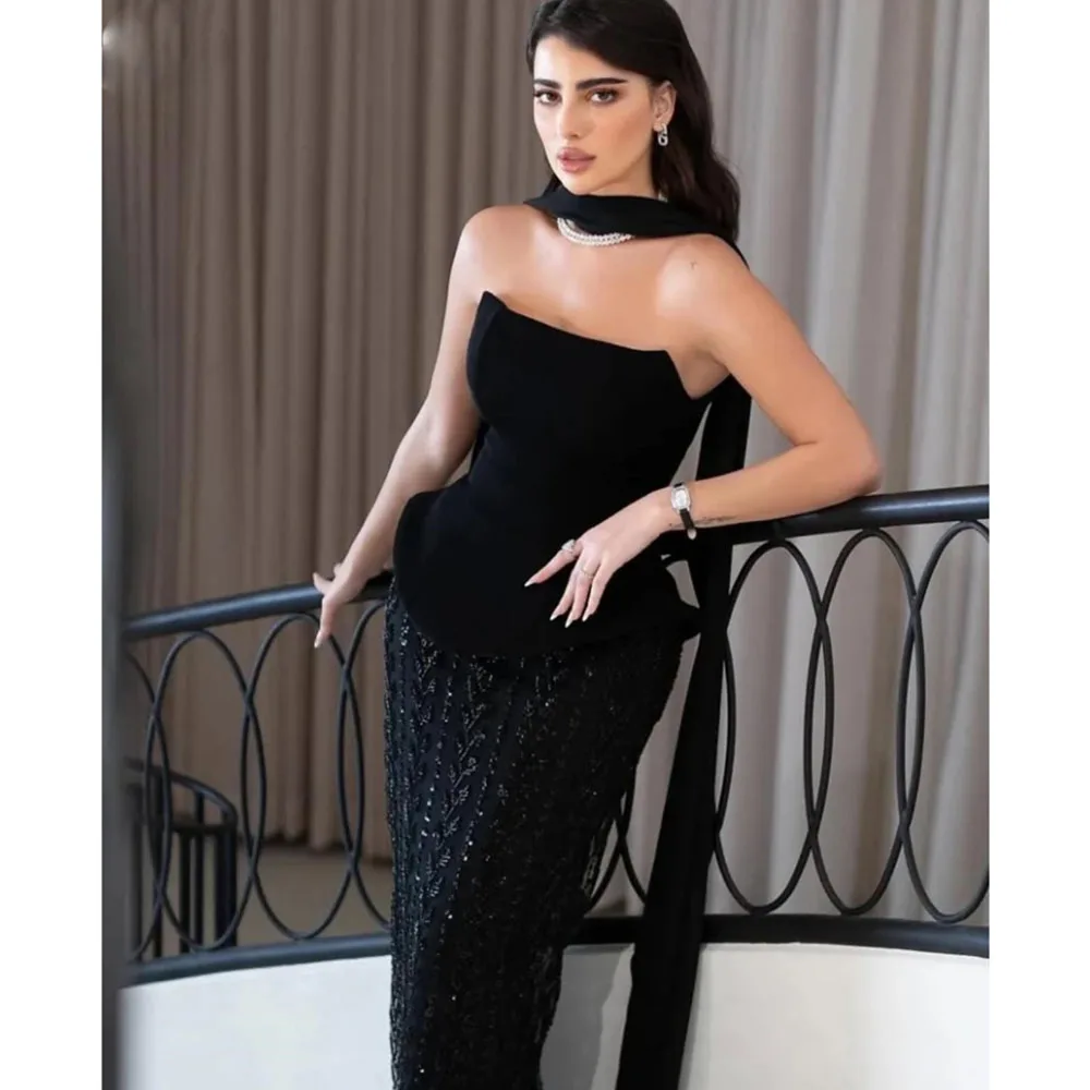 

Manmuxi Black Strapless Trumpet Prom Dresses Detachable Shawl Shiny SequinsParty Dresses Ankle-Length Evening Dresses