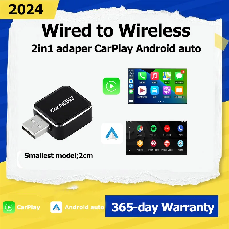 

2024 Smallest model Wireless CarPlay & Andriod Auto 2in1 Smart adapter Car Navigation Box Dongle 5GHz WiFi BT5.0 Plug and Play