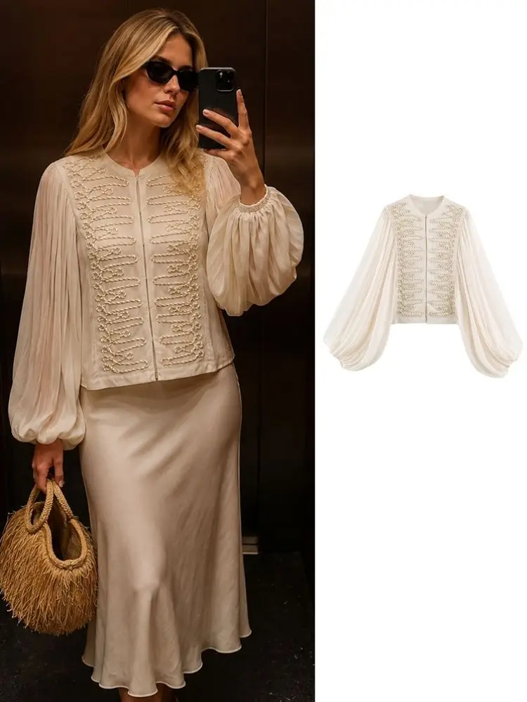 HH Women Spring Summer Chiffon Cropped Outerwear Elegant Vintage Beaded Embroidery Cardigan For Party Daily Date