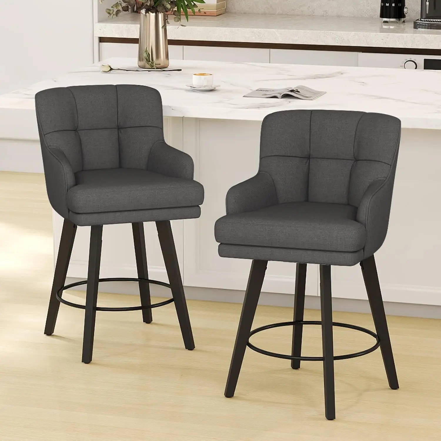 

360°Swivel Counter Height Bar Stool with Back Solid Wood Legs 26in Modern Kitchen Island Fabric Black Grey Set of 2, Customized