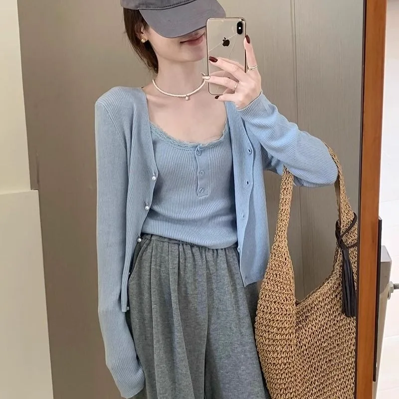

Knitted Cardigan Lace Suspender Two-piece Tops For Women Clothes Single Breasted Blouse Temperament Blue Ribbed Sweater Set