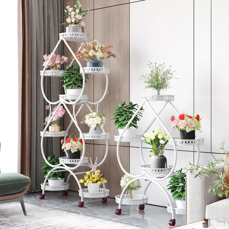 Iron Art Multilayer Belt Wheel Plant Stand Floor Type Flower Pot Frame Living Room Balcony Heartshaped Shelf for Flowers