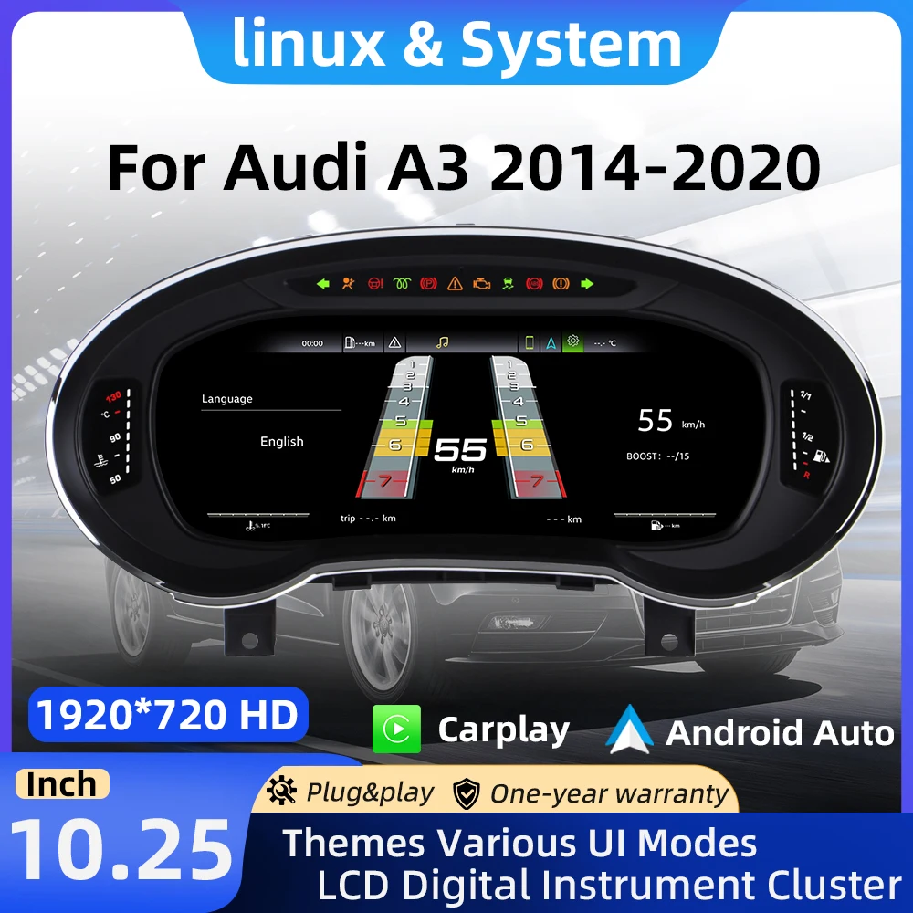 Digital Instrument Cluster For Audi A3 2014-2020 CarPlay Android Auto Speedometer, Dashboard, Gauge, 12.3'' HD Virtual Cockpit L