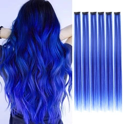 Extensions de Cheveux Synthétiques à Clips, Mèches de ixColorées, Postiches Raides Multicolores, Bleu Royal, 22 Pouces, 6 Pièces/Paquet