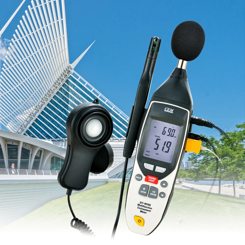 CEM 5-in-1-Multifunktionsumgebungstester, Schallpegelmesser, Lichtmesser, Luftfeuchtigkeits- und Temperaturmessgerät, CFM/CMM-Thermo-Anemometer