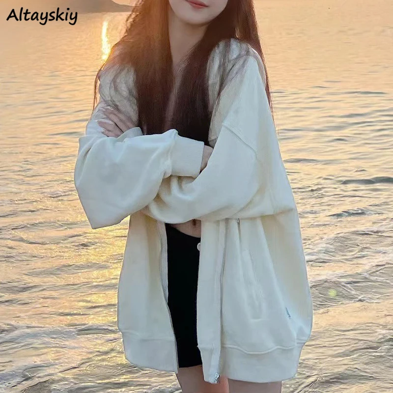 

Basic Jackets Women Newly Fashion Hooded Coats Pure Color Simple Fall Chic Casual Loose Outwear All-match Kpop Street Zip Up Ins