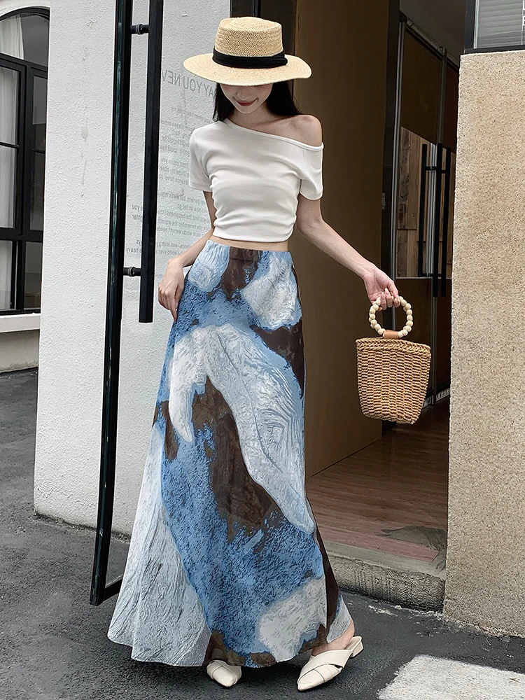 

Women's Midi Skirt Summer Color Block Asymmetric A-Line High Waist Trendy Casual Versatile Skater Skirt Faldas Female SK124