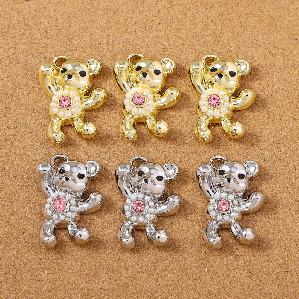 

5pcs Cute Alloy Crystal Pearl Bear Charms Cartoon Animal Pendants for Jewelry Making Earrings Necklace DIY Accessories Supplies