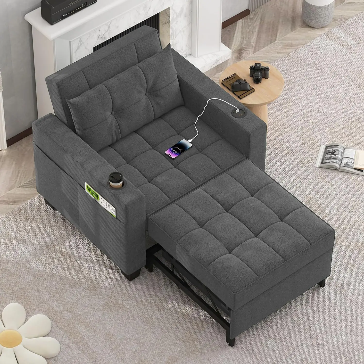 Sofá cama extraíble 3 en 1, sofá convertible, silla cama con USB, portavasos, sillones de cama ajustables para espacios pequeños,