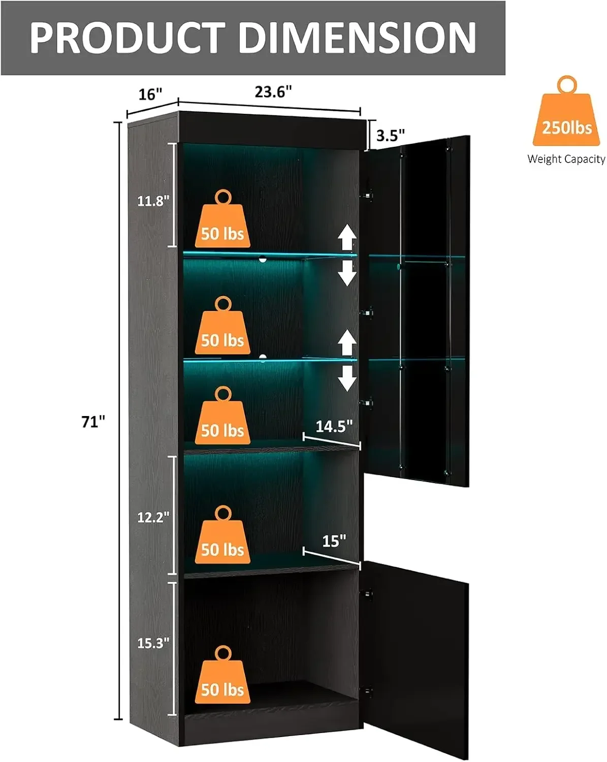 Bibliothèque de Rangement de 71 Pouces de Haute Qualité, 2 Pièces, Étagères LED Modernes et Brillantes, de Couleur Noire, pour Salon et Bureau