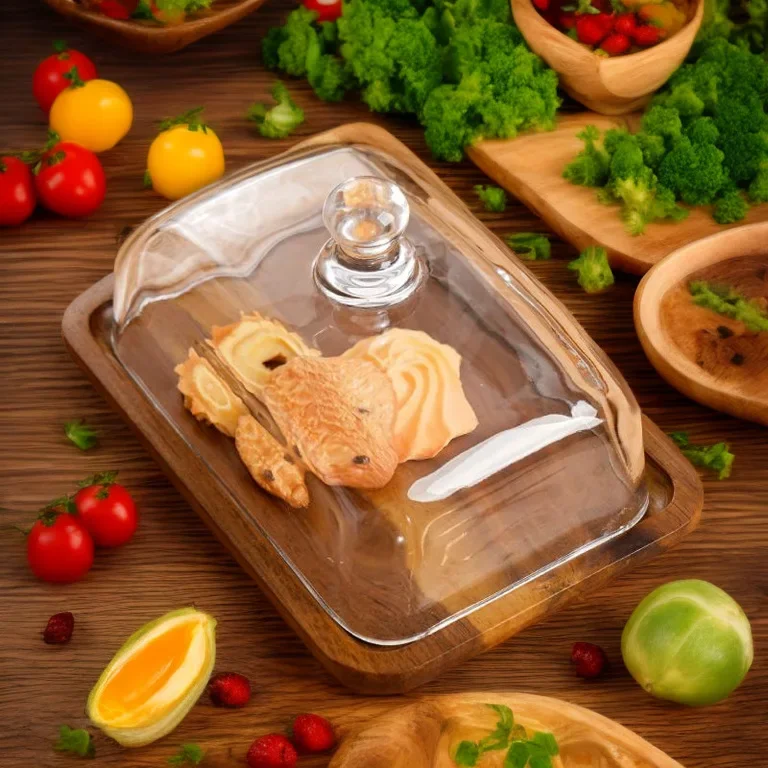 Hot Selling Rectangle Acacia Wood Butter Dish Glass Cover Cheese Butter Dish Snack Cake Dessert Dish