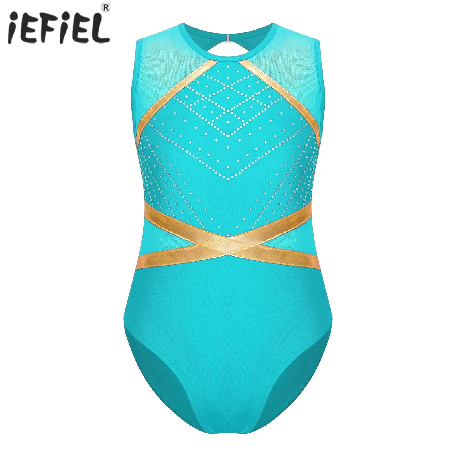 Kids Girls Rhinestones Ballet Gymnastics Leotard Keyhole Back Sleeveless Bodysuit for Gymnastics Workout Figure Skating Dance