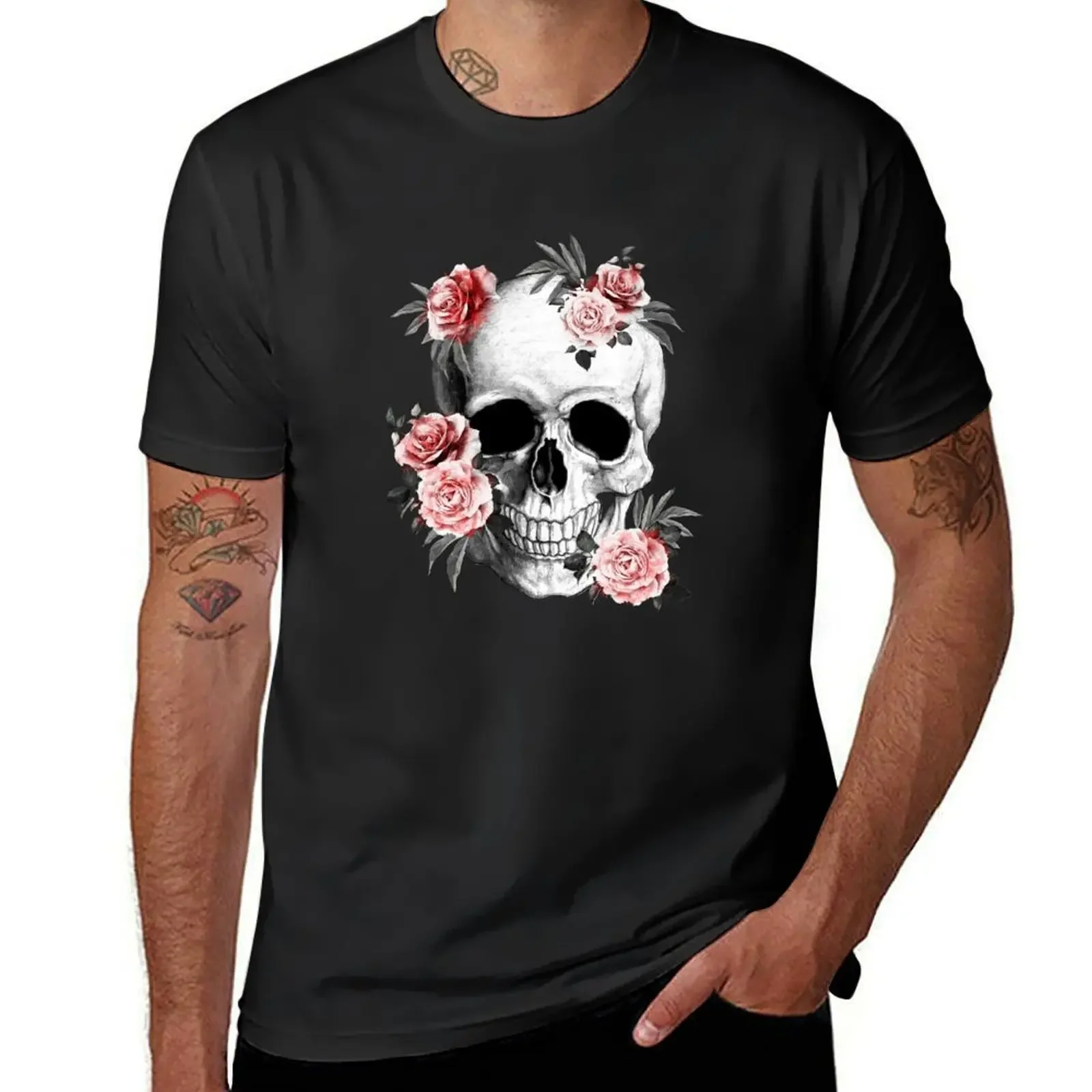 

Skull human anatomy floral, skeleton watercolor roses,mask cool, funny T-Shirt hippie clothes funny t shirts men