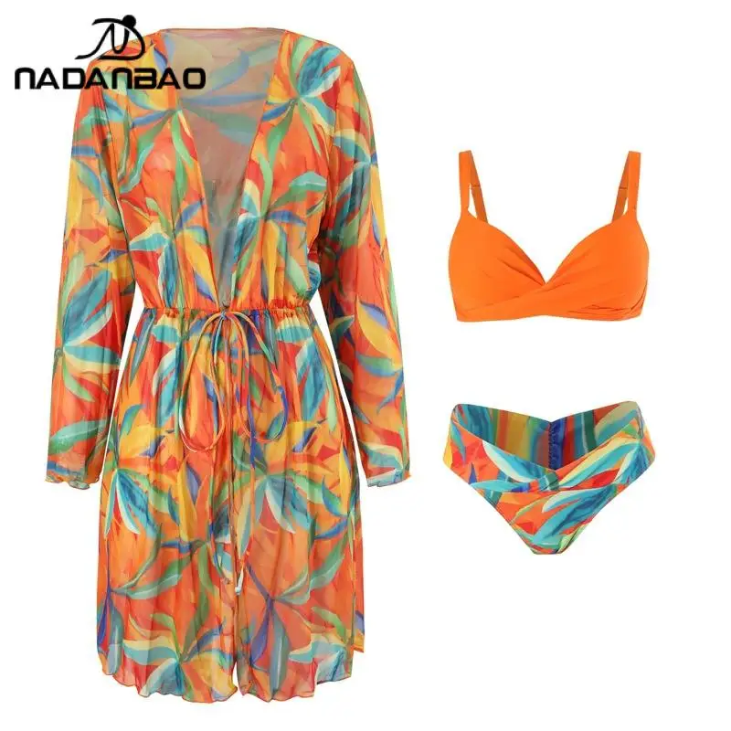 Nadanbao Badpakken Driedelige Bikini Set Vrouwen Bloemenprint Lange Mouw Bikini Set Dames Bandage Zwempak