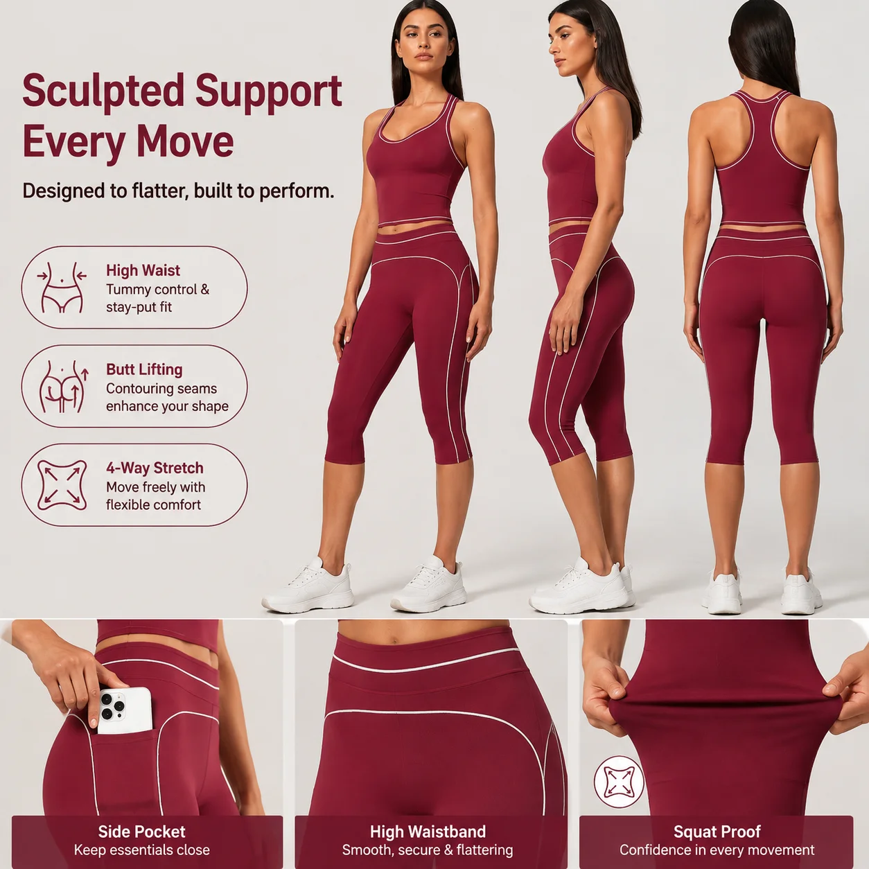 Women 2 Piece Yoga Set Racerback Crop Tank Top & High Waist Capri 3/4 Leggings White Piping Gym Activewear Matching Outfit