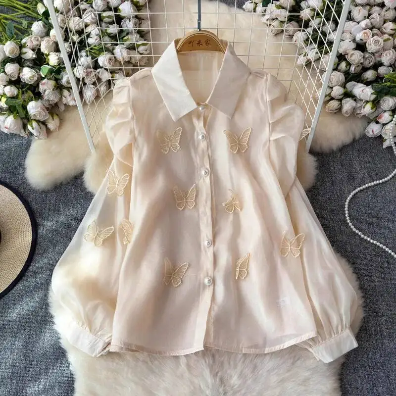 

BabYoung элегантная винтажная рубашка с вышивкой бабочки для женщин, осень 2022, новые розовые Bluson Mujer Y2k, свободные блузки с пышными рукавами