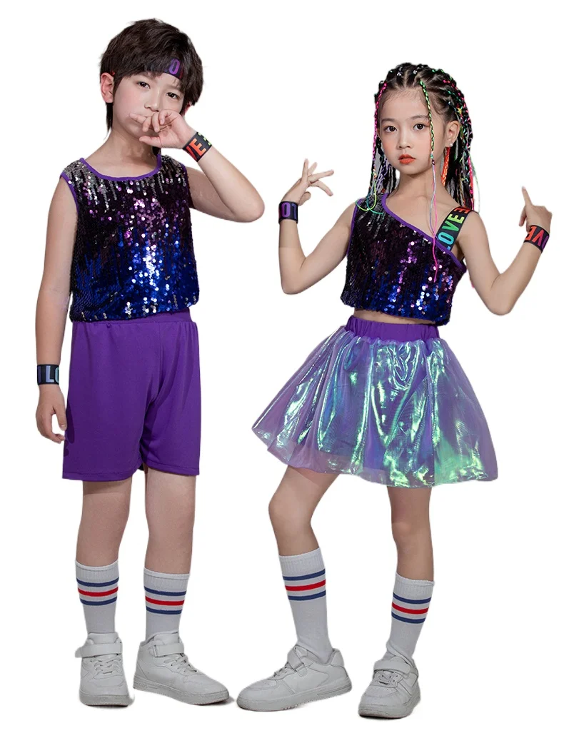 Children Cheerleading Uniform Performance Costumes Boy Girls Sequins Street Dance Hip Hop Clothing Kids Sequins Jazz Dance Suits