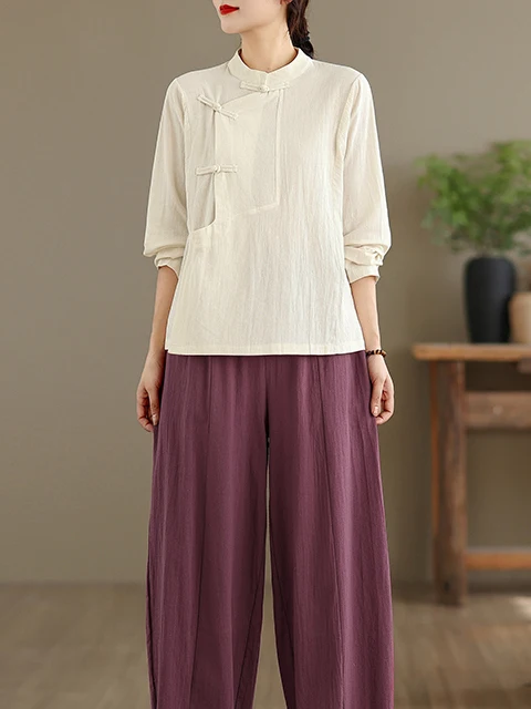 

Ретро-костюм из хлопка и льна: рубашка с длинным рукавом и брюки, женский повседневный комплект для чайной церемонии, весна-осень, с высокой талией, свободный крой