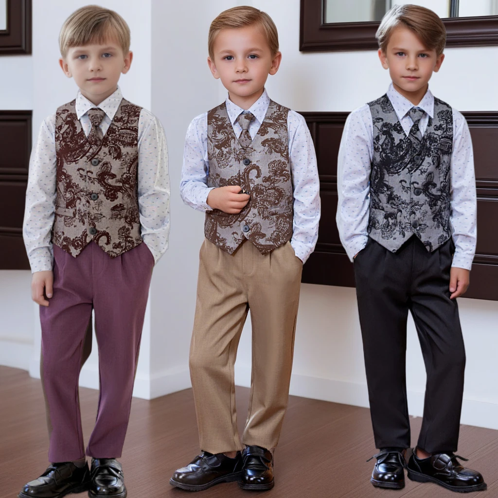 

Boys Suit Set Fashion Oriental Dragon Print Little Gentleman Tuxedo Vest Outfits Spring Fall Teens Kids Birthday Wedding Costume