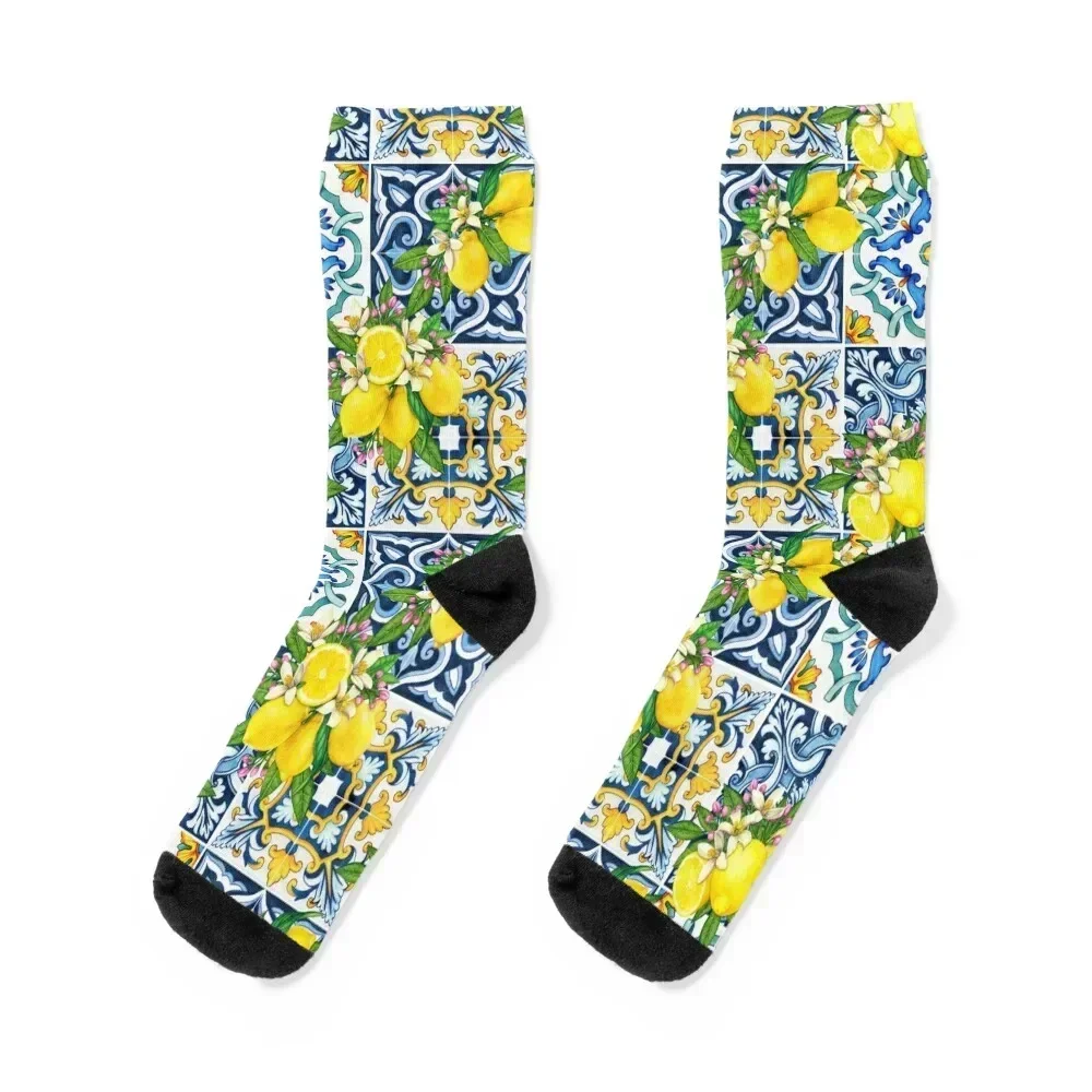 Bright Mediterranean Sicilian Tiles with Citrus Lemons Socks Christmas cotton heated Socks For Man Women's