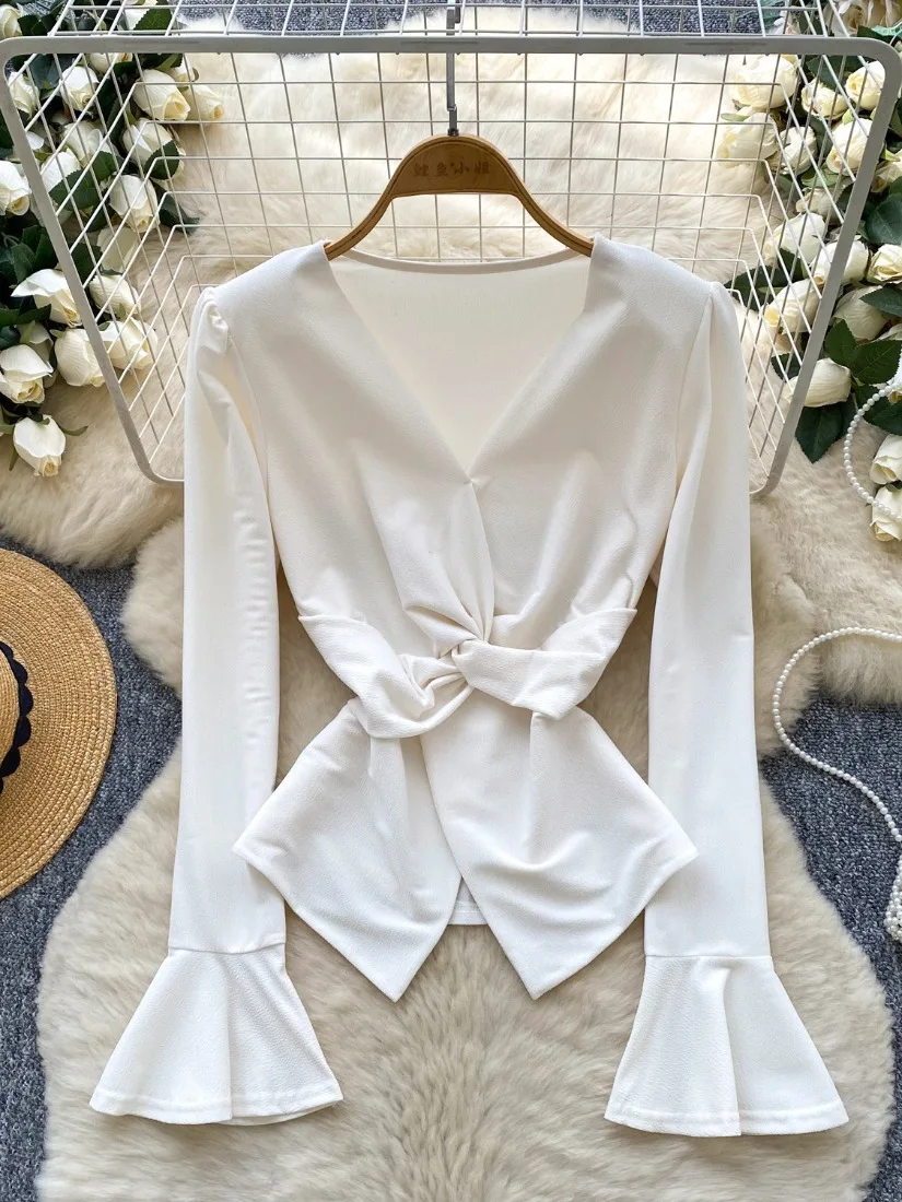 

Foamlina Women's Shirt Solid Color Spring Autumn Casual Tops V Neck Long Flare Sleeve Twist Slim Waist Casual Female Shirt Tops