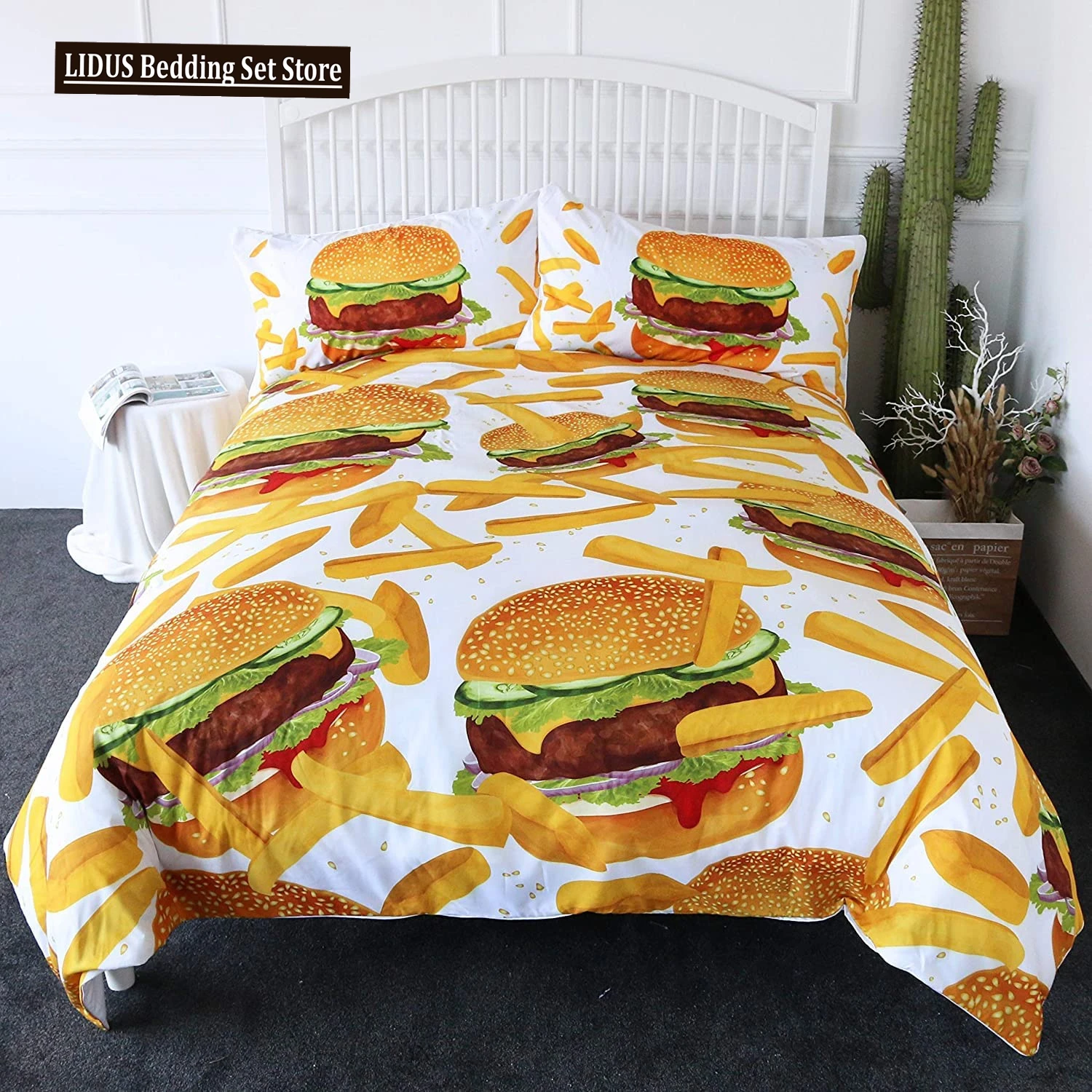 

Hamburger Fries Candy Bedding 3D Giant Burger Duvet Cover Set 3 Pieces Fun Fast Food Bedspread King Size Polyester Bedding Set