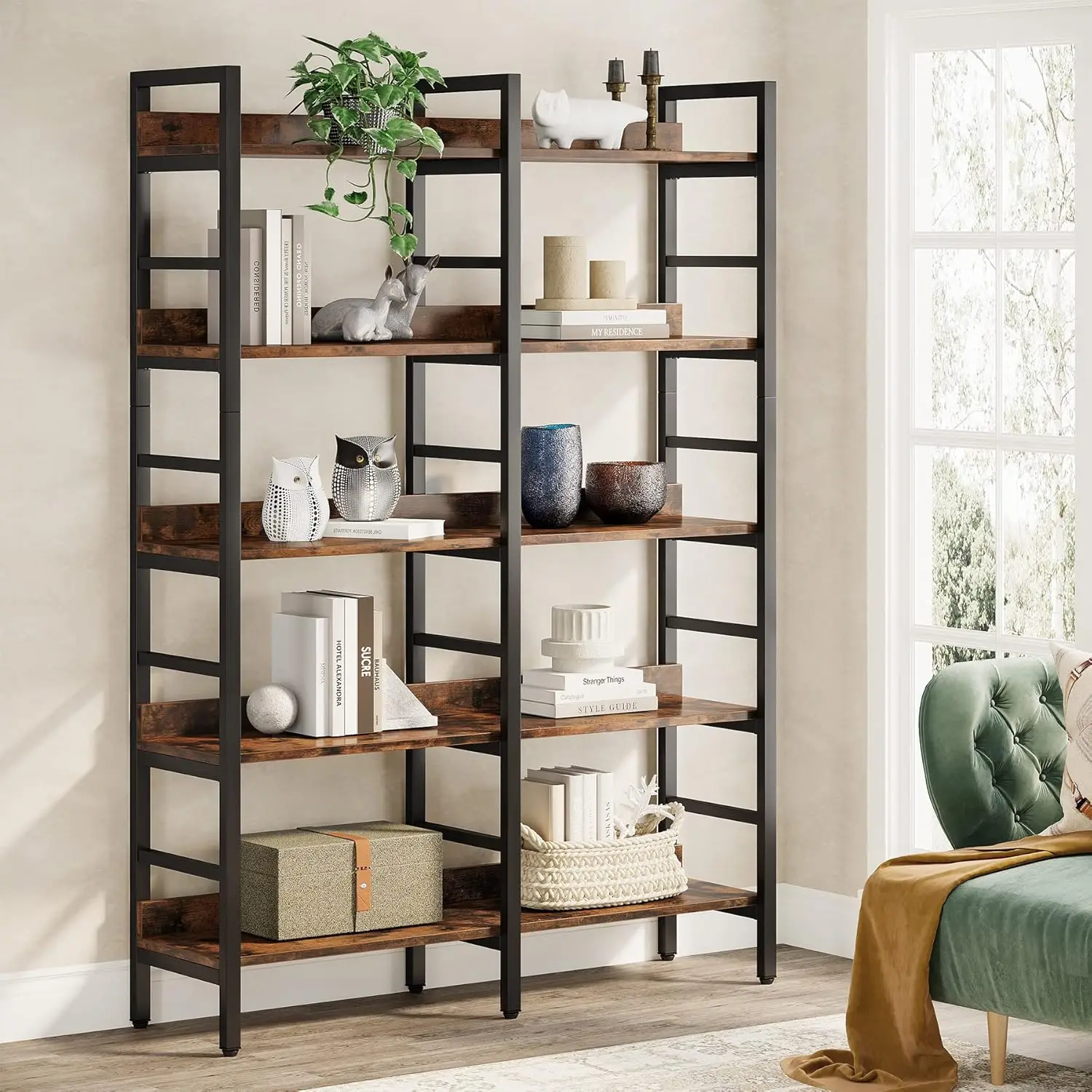 5-Tier Industrial Bookshelf, 71”H x 47”W Etagere Bookcase, Freestanding Double Wide Book Shelf for Storage and Display