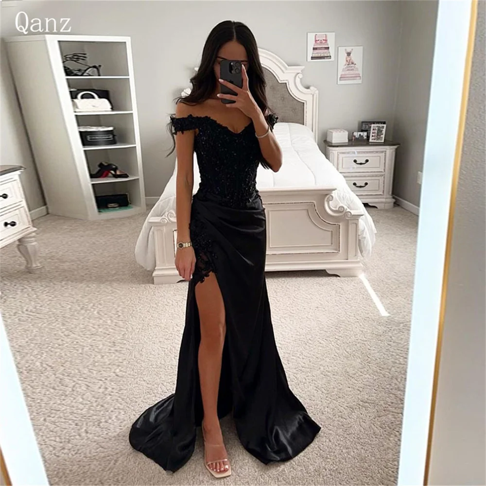 

Qanz Black Appliques Evening Dresses Satin Slit Floor Length Off the Shoulder Vestido Mujer Elegante Mermaid Vestidos De Gala