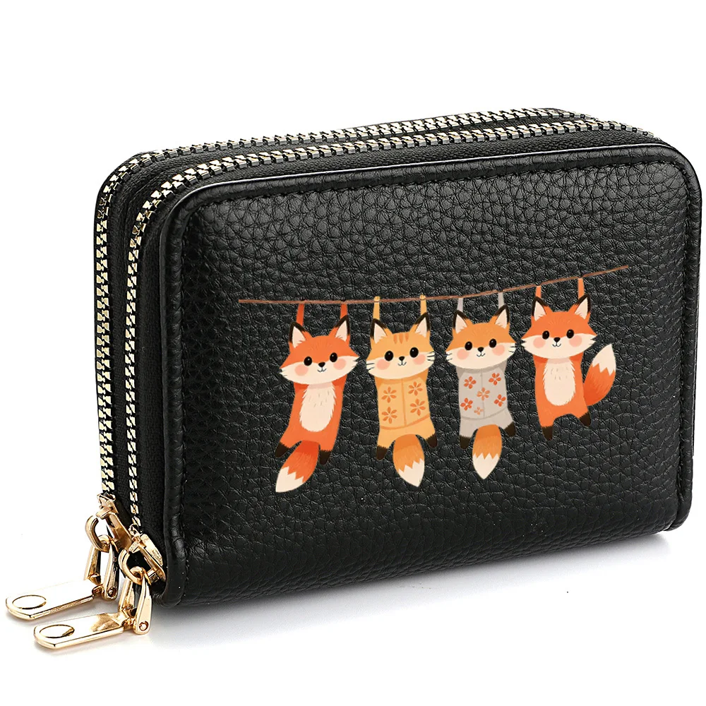Pu Leather Double Zipper Women Card Wallet Cute Fox Print Coin Purse for Young Girls