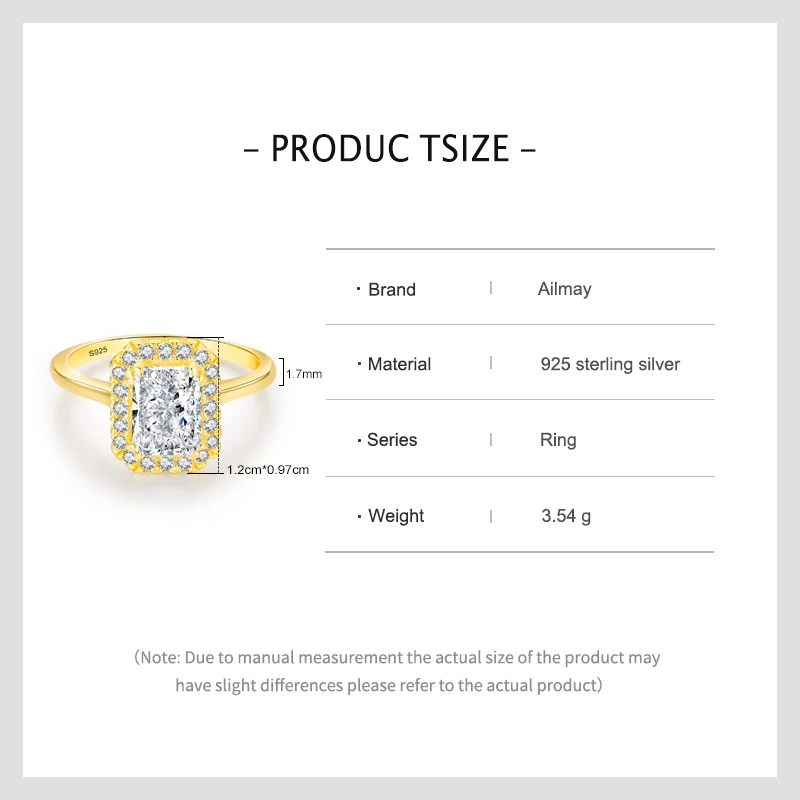 Ailmay 925 Sterling Silver Luxury 8A Crushed Iced Out Cut Zirconia Gold Color Ring For Women Wedding Anniversary Jewelry Gifts