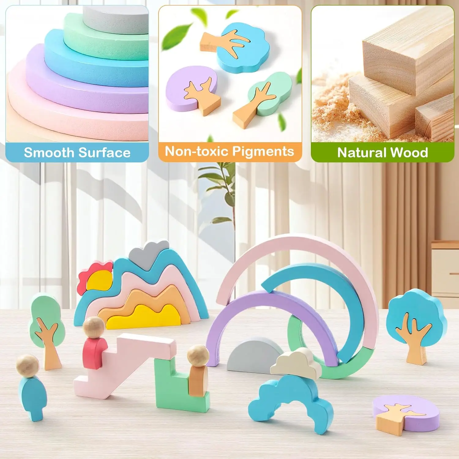Wooden Building Blocks for Toddlers, 46 Pcs Montessori Stacking Toys with Rainbow/Little People/Tree/House/Mountain, Learning To