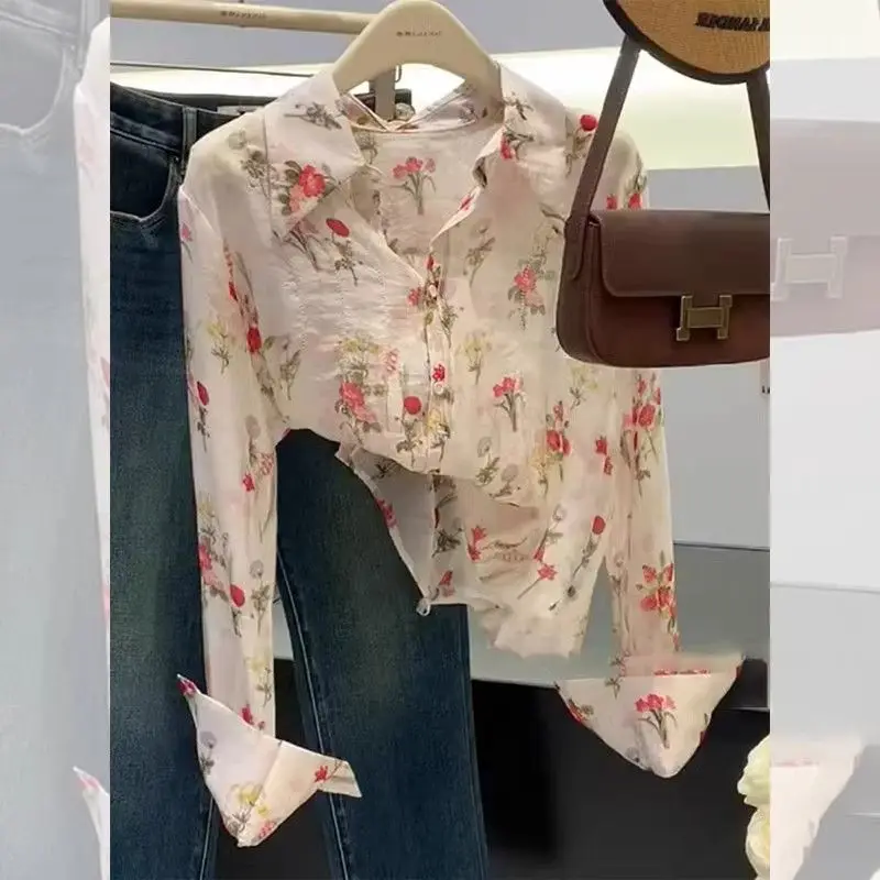 Women Stylish Vintage Floral Print Button Up Shirt Lapel Long Sleeve Loose Blouse Spring Summer Casual Pocket Chic Tops Camisas