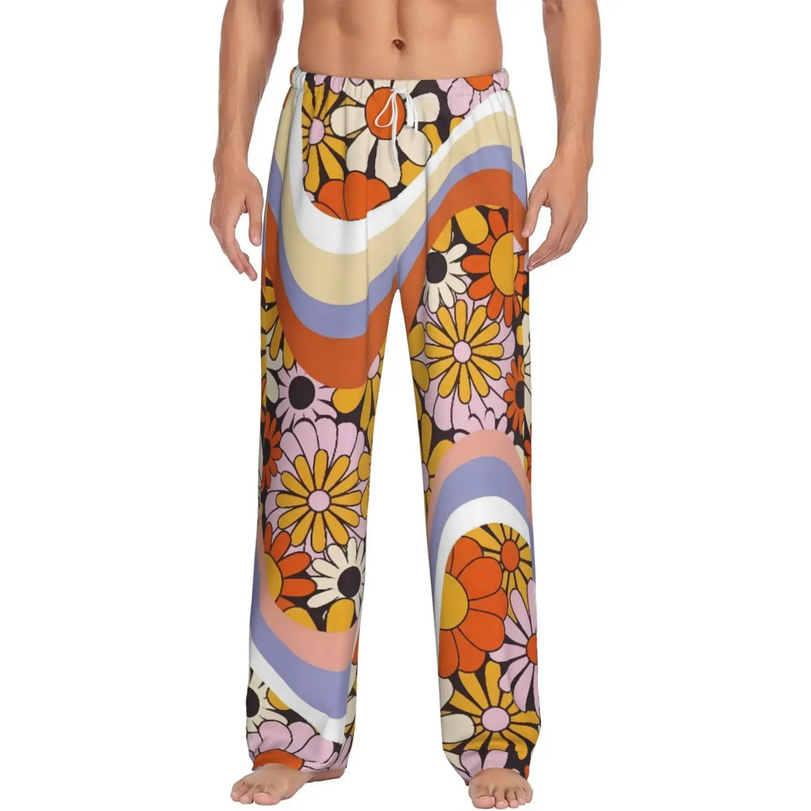 

Ретро хиппи с цветочным принтом, свободные мужские домашние брюки с эластичной резинкой на талии, удобные повседневные мужские брюки для сна