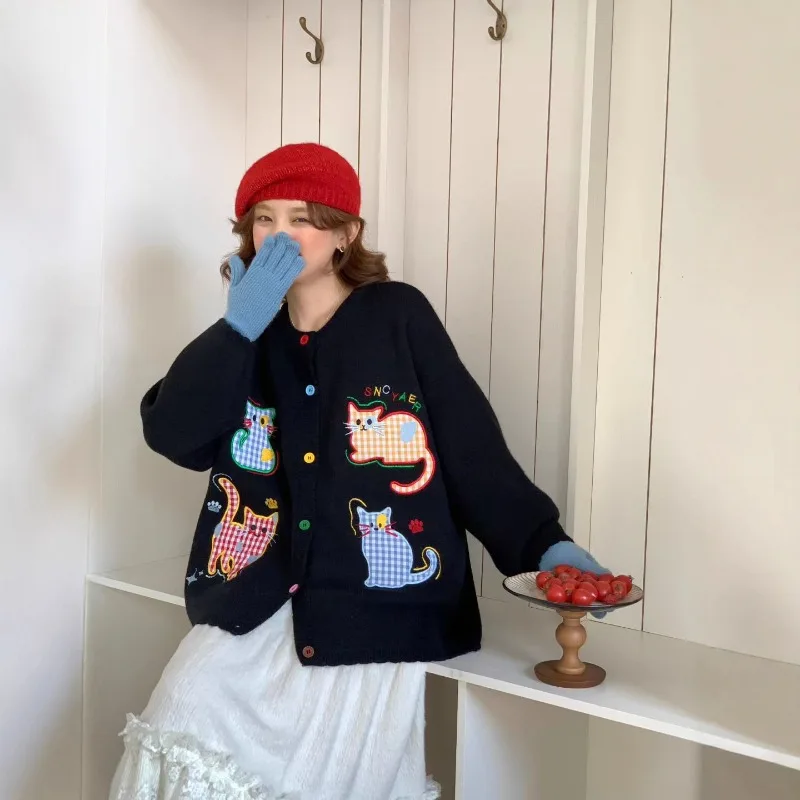 

Women Cardigan Autumn and Winter New Loose Sweater Women's Coat Versatile Round Neck Embroidered Korean Version Knitted Sweater