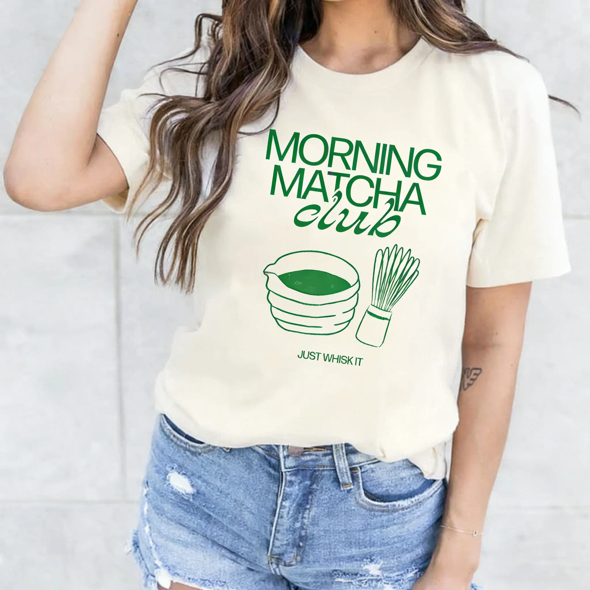 Morning Matcha Club Graphic Tee Short Sleeve Loose Vintage T-shirt Cotton Printing Unisex Top Crewneck Causal Women T Shirts
