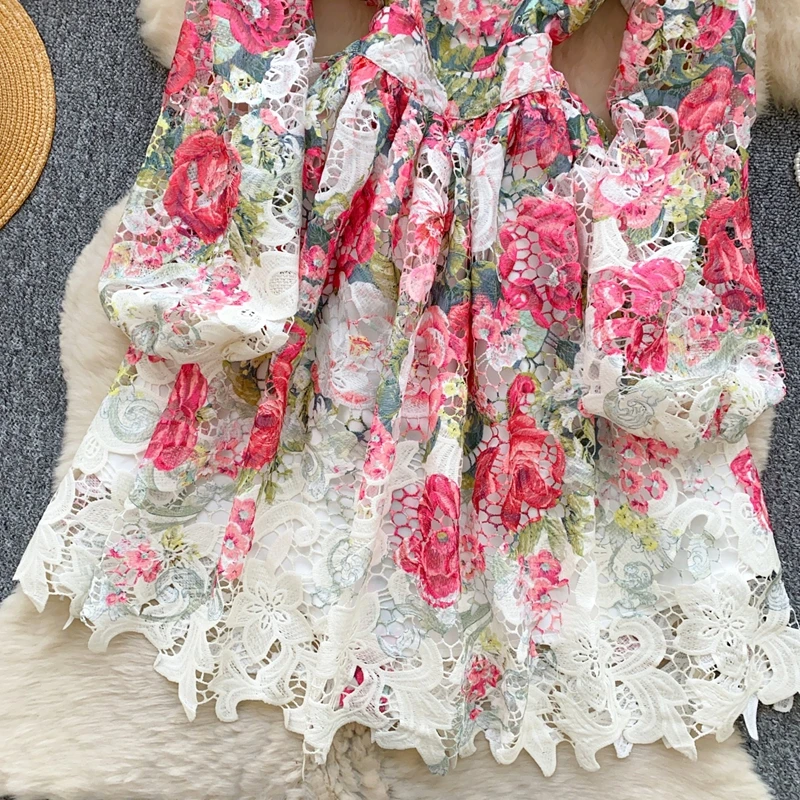 コートスタイル春プリントランタンスリーブドレス女性のための V ネック中空フック花刺繍ライト高級 A ラインスカート