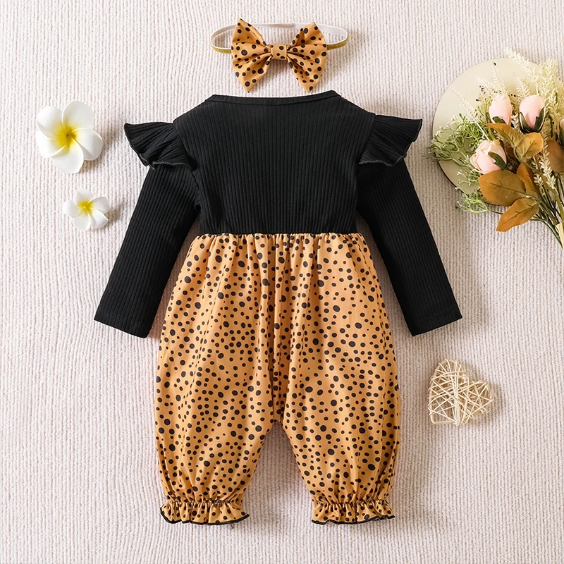 2pcs Baby Girls Winter Fly Sleeve Leopard Stripe Faux Two Piece Bodysuit Cotton Button Down Toddler Clothes with Bowknot 0-18M