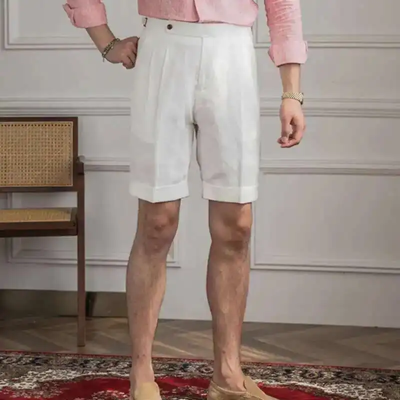 100% Linen Summer Straight Naples Shorts Men Solid Color Business Dress Pants Office Social Casual Slim Fit Shorts