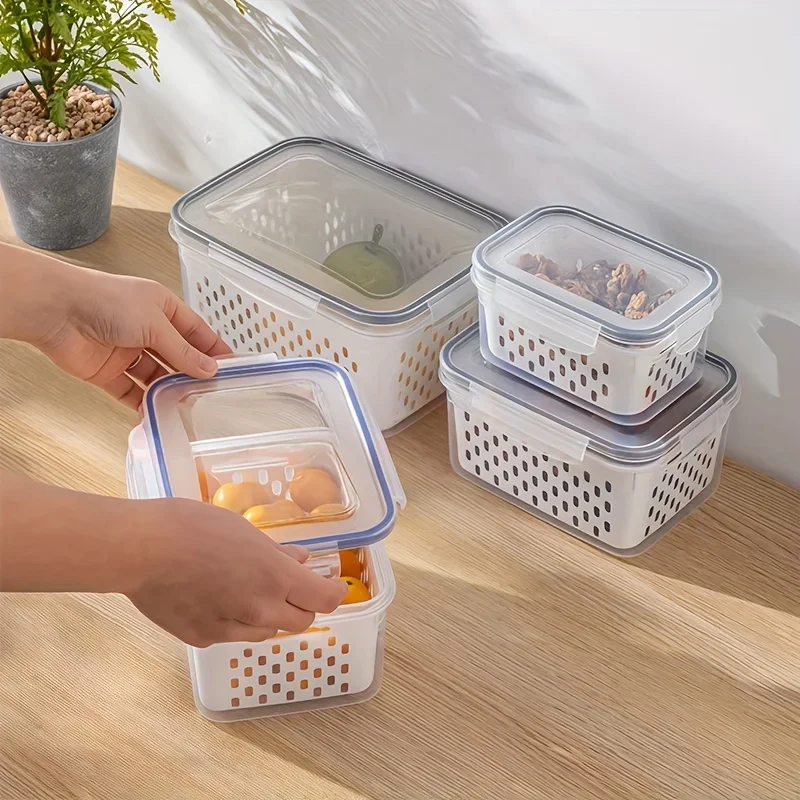 Kühlschrank-Aufbewahrungsbehälter-Set mit Deckeln und Sieb, Plastik-Frischhaltebox für Gemüse, Obst und Fleisch zur Organisation – Detail 8