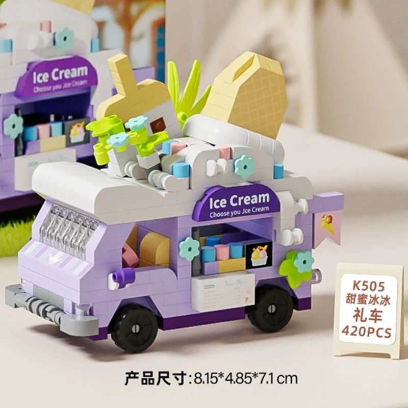 NEUER DIY Kaffee-Imbisswagen Food Truck Eisdieleneinrichtung Blumenstraßenansicht Baustein-Set Mädchen Bausteine Modell Kinderspielzeug