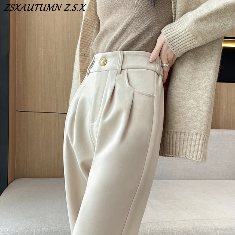 

Korean Fashion Woolen Wide Leg Pants Autumn and Winter New Straight Leg Loose High Waist Winter Casual Pants Women's Trousers