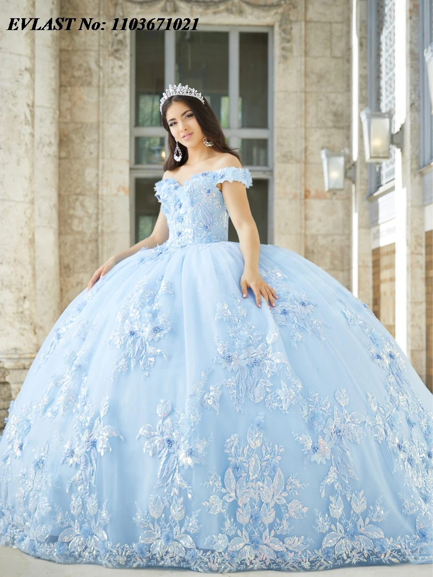 EVLAST Shiny Blue Quinceanera Dress Ball Gown Off Shoulder Lace Applique Beadig Mexico Corset Sweet 16 Vestidos De XV Anos SQ332